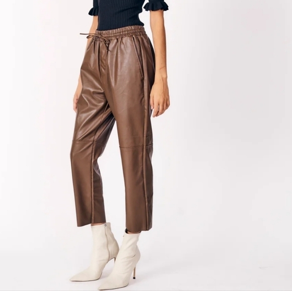Deluc Fleetwood Faux Leather Cropped Pant in Cedar Knee Seams Elastic Small - Picture 1 of 10